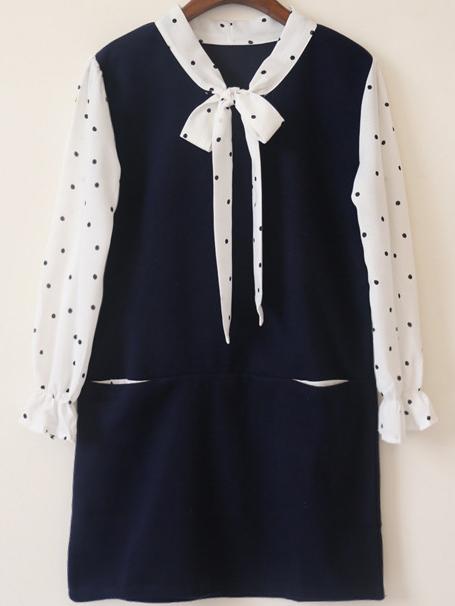 Romwe Knotted Collar Polka Dot Navy Dress
