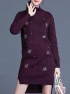 Romwe Purple Stand Collar Long Sleeve Beading High Low Knit Dress