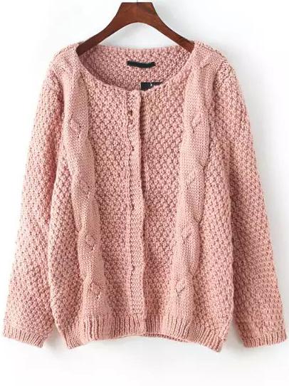 Romwe Pink Round Neck Cable Knit Cardigan