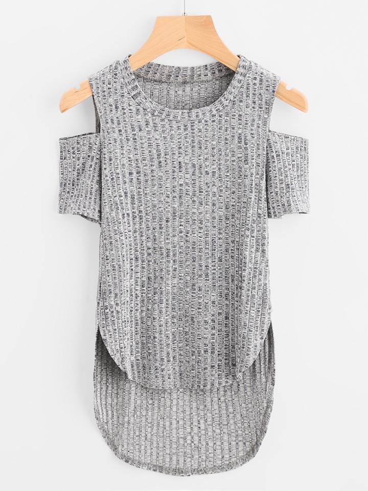Romwe Open Shoulder Dip Hem Ripped Tee