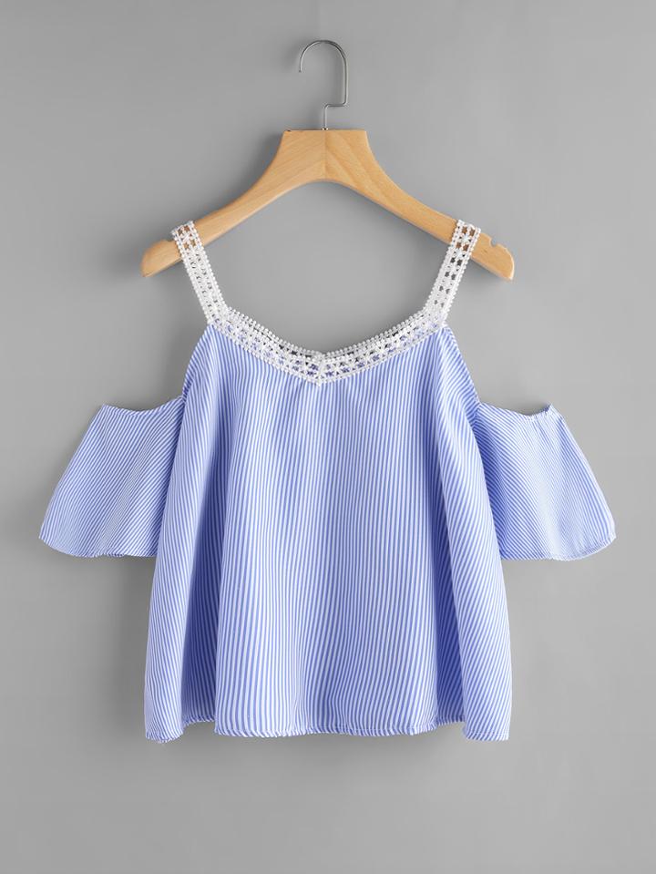 Romwe Open Shoulder Striped Lace Trim Top