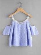 Romwe Open Shoulder Striped Lace Trim Top