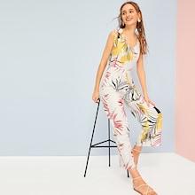 Romwe Allover Leaf Print Knot Wide Leg Jumpsuit