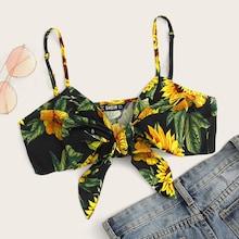 Romwe Floral Print Knot Front Crop Cami Top