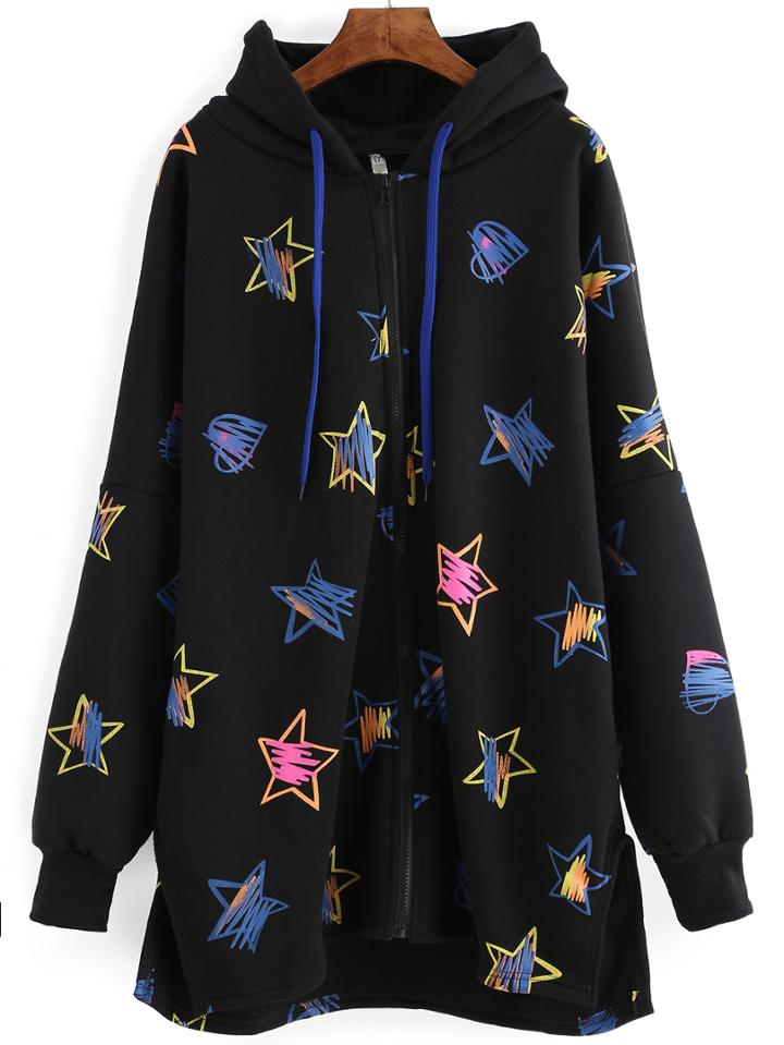 Romwe Hooded Drawstring Stars Print Split Side Sweatshirt