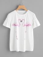 Romwe Flamingo Print Frilled Sleeve Tee