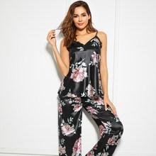Romwe Floral Print Lace Trim Satin Cami Pj Set
