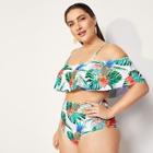 Romwe Plus Tropical Flounce Top With High Waist Bikini