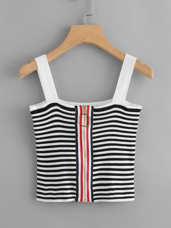 Romwe Striped Zip Up Knit Top