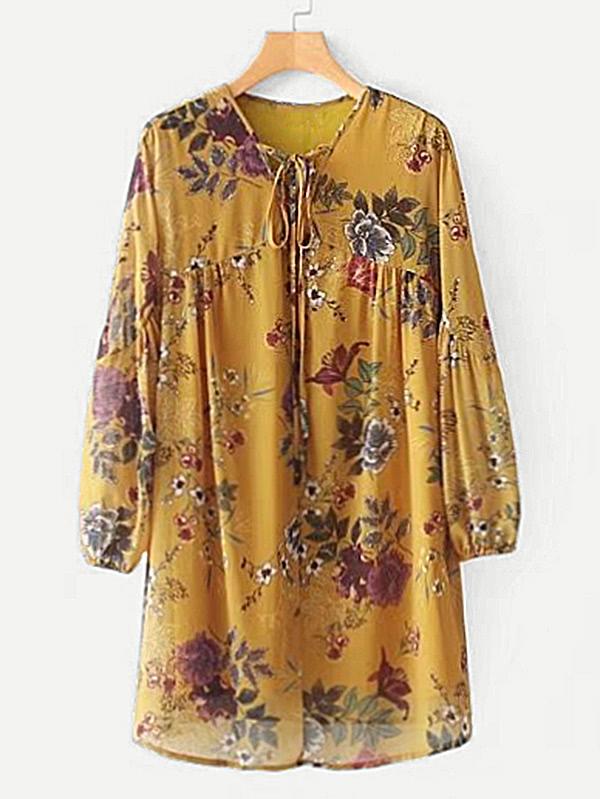 Romwe Tie Neck Floral Smock Dress