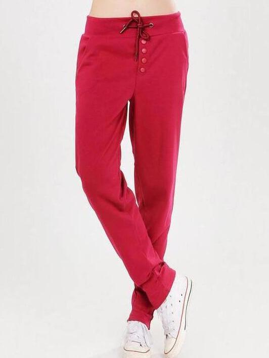 Romwe Elastic Waist Drawstring Red Pant With Buttons