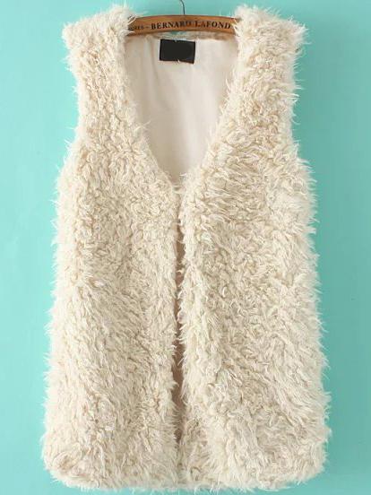 Romwe V Neck Faux Shearling Beige Vest