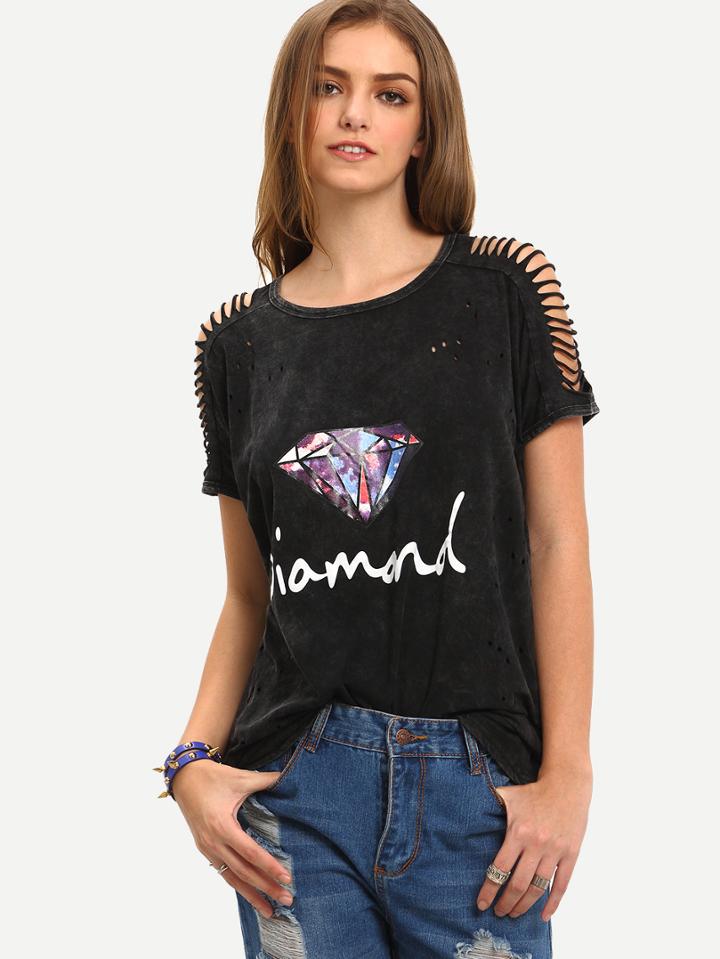 Romwe Ripped Sleeve Diamond Print T-shirt
