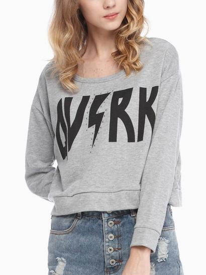 Romwe Grey Dropped Shoulder Seam Letter Print Studded Sweatshirt