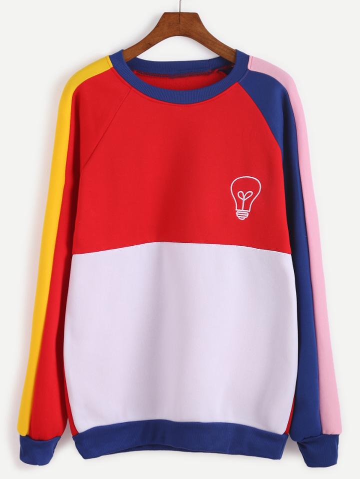 Romwe Contrast Raglan Sleeve Bulb Embroidery Sweatshirt