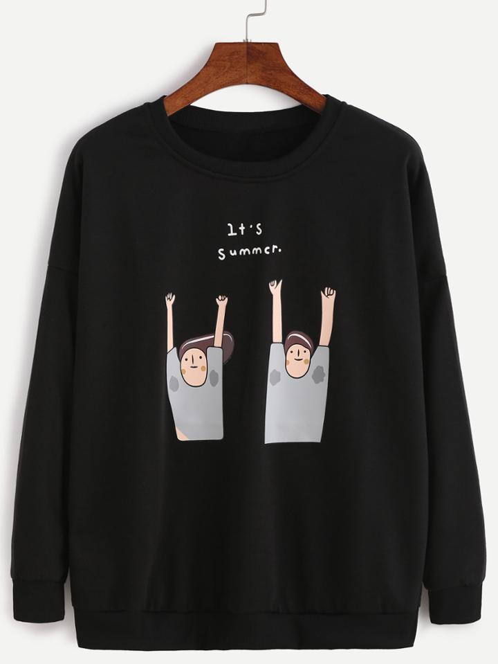 Romwe Black Cartoon Print Drop Shoulder Seam Sweatshirt