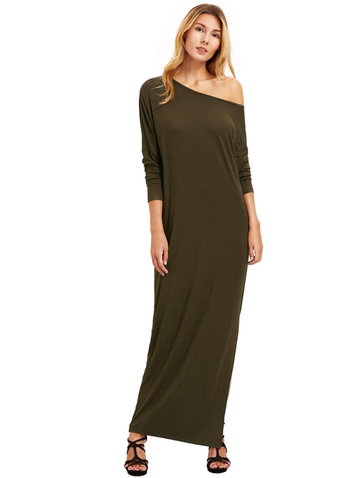 Romwe Army Green Oblique Shoulder Boatneck Bat Sleeve Slit Dress