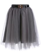 Romwe Belt Mesh Layered Grey Skirt