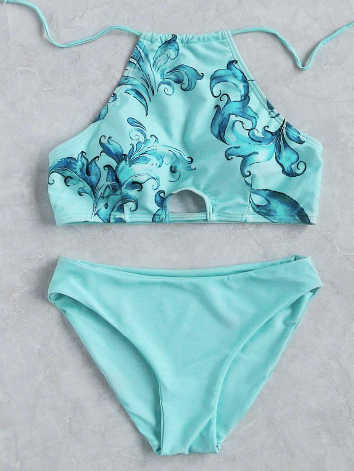 Romwe Turquoise Floral Print Halter Bikini Set