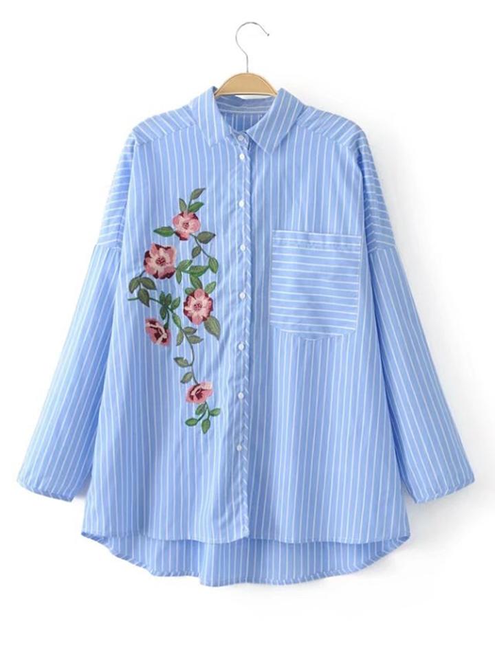 Romwe Vertical Striped High Low Blouse With Pocket