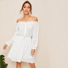 Romwe Bardot Elastic Waist Solid Dress