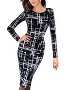 Romwe Black White Round Neck Plaid Slim Dress