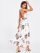 Romwe Bow Tie Open Back Floral Overlap Dress