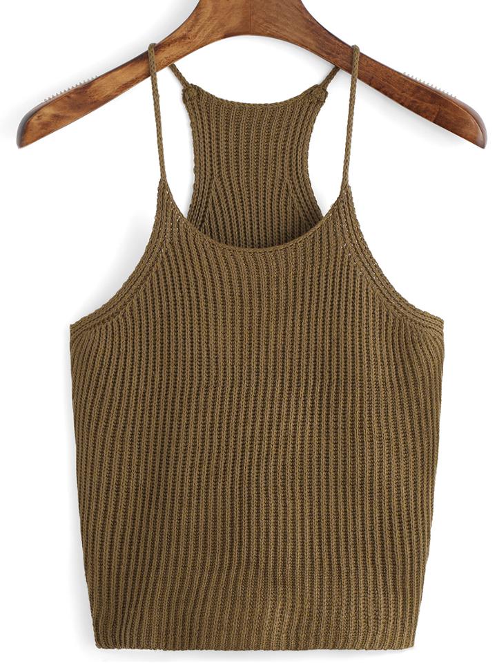 Romwe Spaghetti Strap Knit Army Green Cami Top