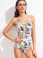 Romwe White Floral Print Net Detail Swimwear