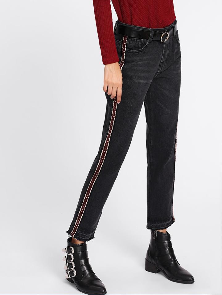 Romwe Ribbon Contrast Side Jeans