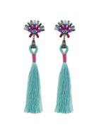 Romwe Green Rhinestone Handmade Long Tassel Drop Earrings