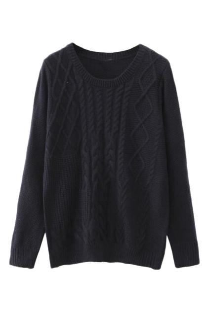 Romwe Twist Pattern Knitted Navy Blue Jumper