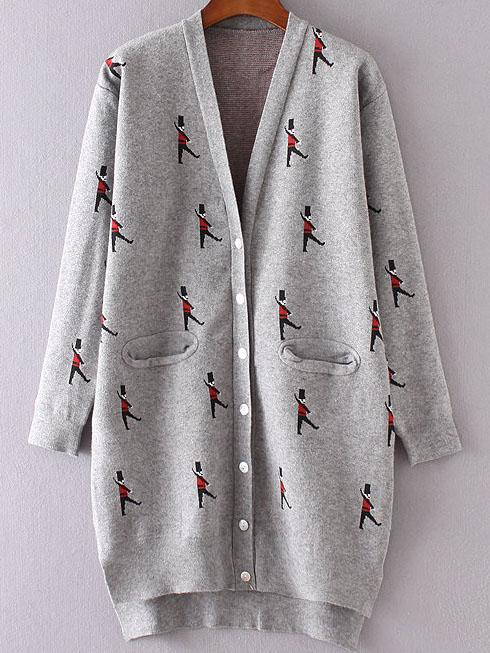 Romwe Grey Soldier Pattern Side Slit Dip Hem Button Up Cardigan