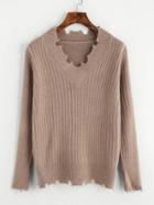 Romwe V Neckline Raw Edge Knit Sweater
