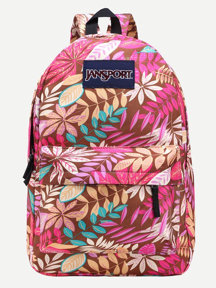 Romwe Pink Leaf Print Canvas Backpack