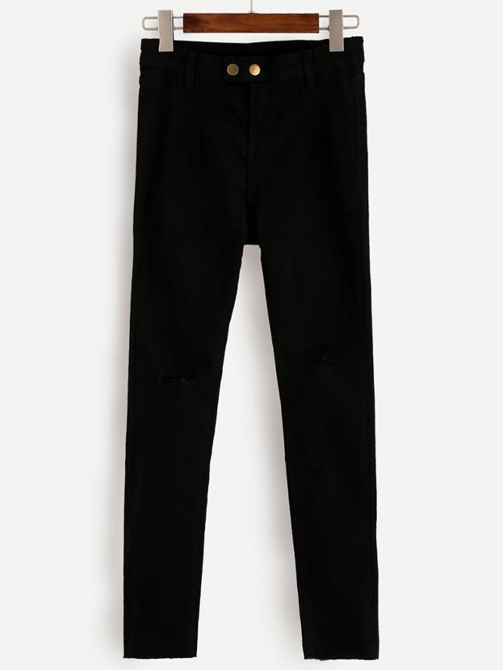 Romwe Black Two Button Skinny Jeans