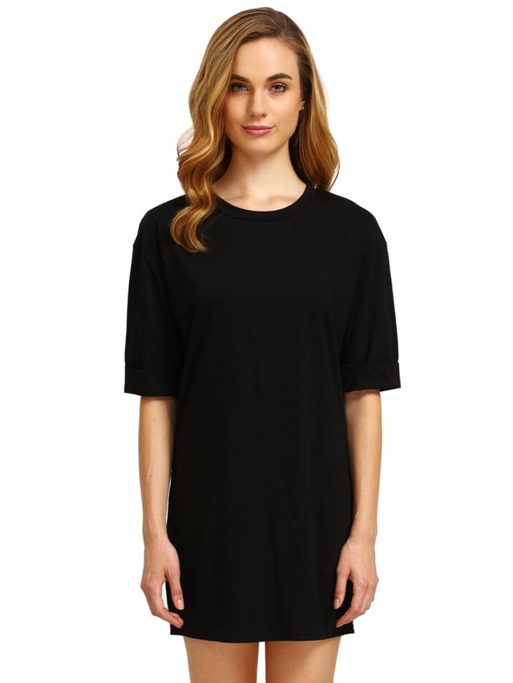 Romwe Black Round Neck Inch Half Sleeve Loose Dress