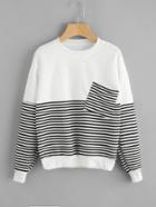 Romwe Chest Pocket Striped Sweatshirt