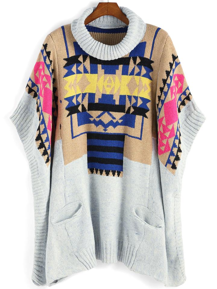 Romwe Turtleneck Geometric Print Pockets Loose Sweater
