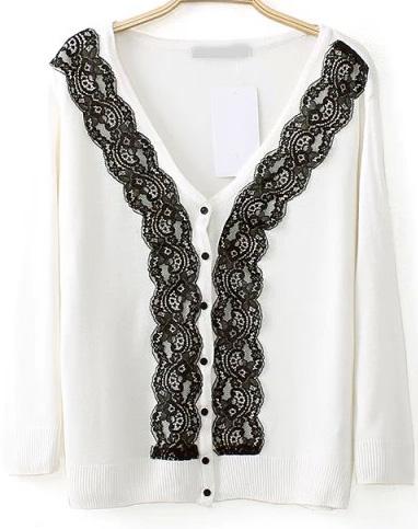 Romwe V Neck Lace Embellished White Cardigan