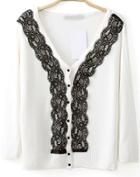 Romwe V Neck Lace Embellished White Cardigan