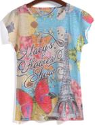 Romwe Butterfly Tower Print Round Neck T-shirt