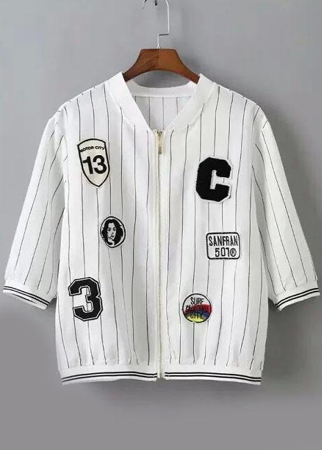 Romwe With Zipper Vertical Striped Patch White Jacket