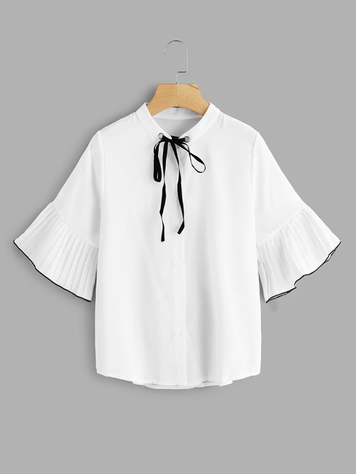 Romwe Pleated Fluted Sleeve Tie Neck Top
