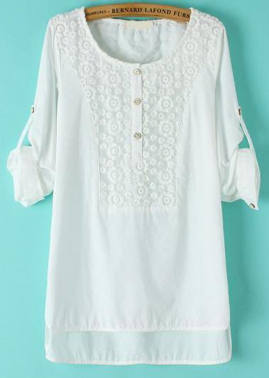 Romwe Adjustable Sleeve Dipped Hem Lace Blouse