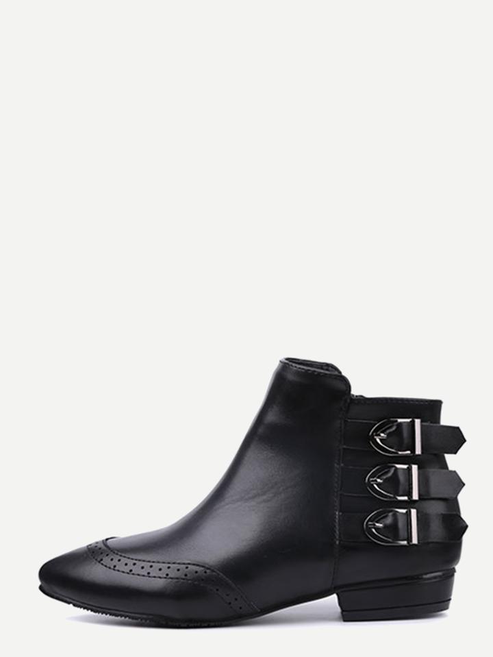 Romwe Black Buckled Strap Pointed Wingtip Ankle Boots
