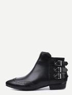 Romwe Black Buckled Strap Pointed Wingtip Ankle Boots