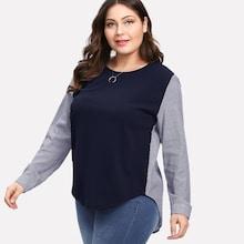 Romwe Plus Contrast Pinstriped Dip Hem Blouse