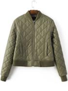Romwe Army Green Diamond Pattern Quilted Padded Zipper Jacket