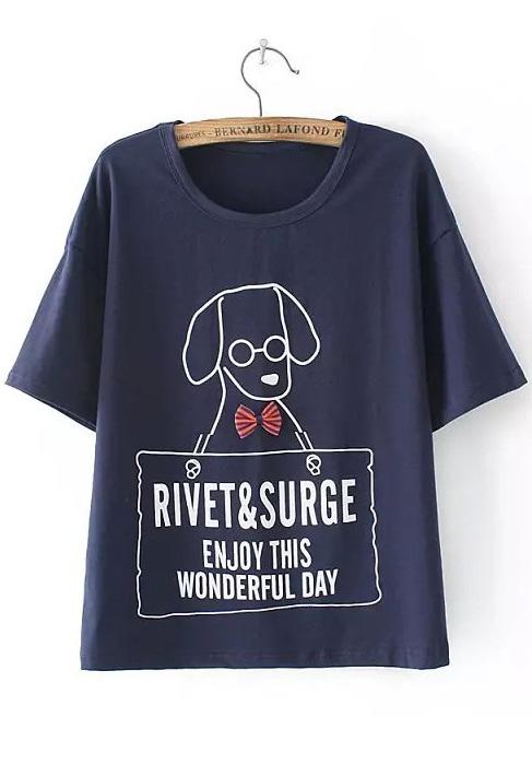 Romwe With Bow Dog Print Navy T-shirt